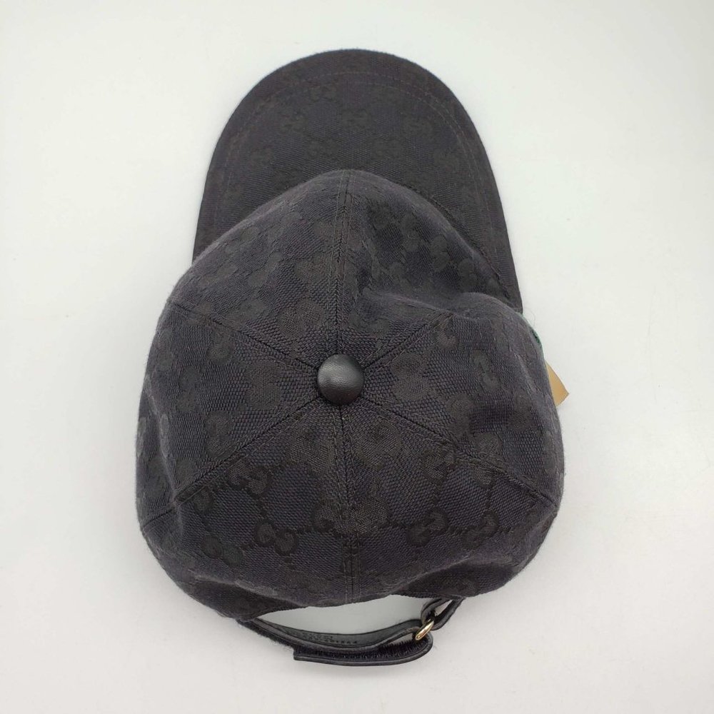 100% Authentic Gucci Cap Black Canvas Leather Hat Unisex - Picture 5 of 11